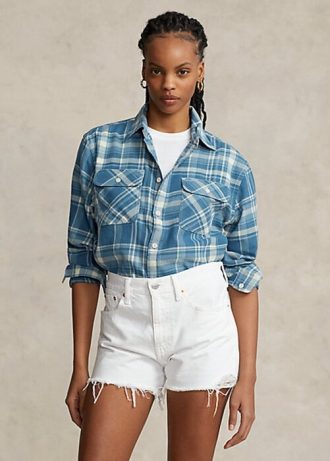 Mavi Kadın Ralph Lauren Ekose Pamuklu Twill Yüksek-Alçak Gömlekler