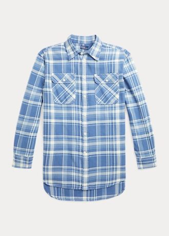 Mavi Kadın Ralph Lauren Ekose Pamuklu Twill Yüksek-Alçak Gömlekler