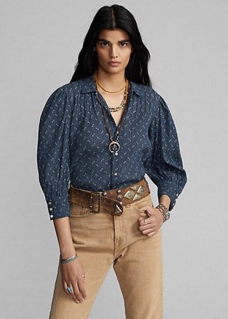 Mavi Kadın Ralph Lauren Çiçekli Buruşuk Pamuklu Vual Bluz Gömlekler