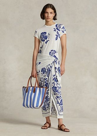 Mavi Kadın Ralph Lauren Çiçekli Sahte Sarılı Jersey Elbise