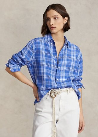 Mavi Kadın Ralph Lauren Rahat Kesim Ekose Keten Gömlekler