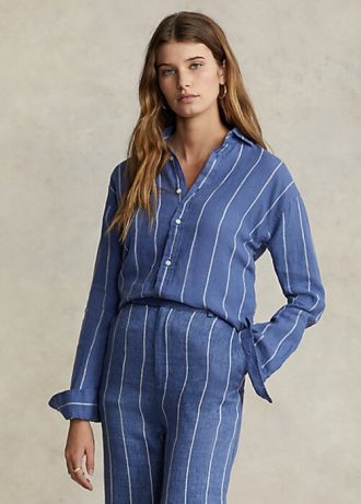 Mavi Kadın Ralph Lauren Rahat Kesim Çizgili Keten Gömlekler