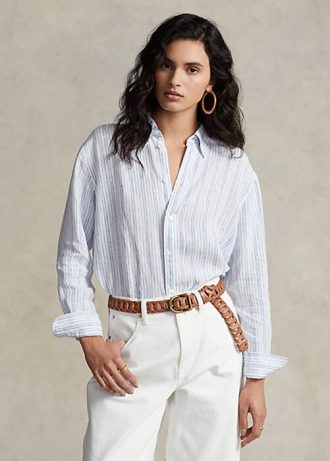 Mavi Kadın Ralph Lauren Rahat Kesim Çizgili Keten Gömlekler