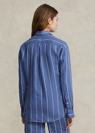 Mavi Kadın Ralph Lauren Rahat Kesim Çizgili Keten Gömlekler
