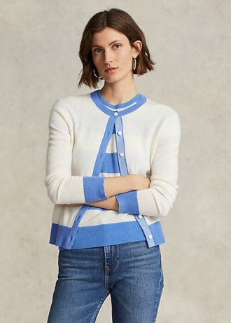 Mavi / Krem Kadın Ralph Lauren Crest Kaşmir Hırka Kazakları