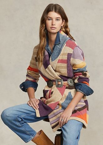 Çok Renkli Kadın Ralph Lauren Geo-Motif Şal Keten Karışımlı Kazaklar