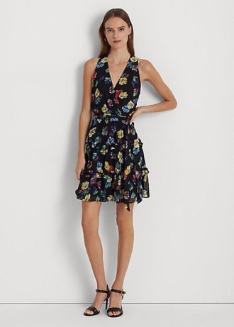 Çok Renkli Kadın Ralph Lauren Çiçekli Buruşuk Georgette Elbise