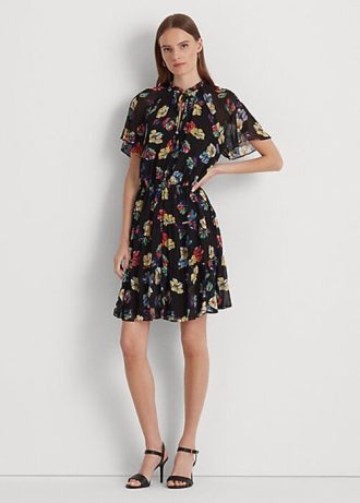Çok Renkli Kadın Ralph Lauren Çiçekli Buruşuk Georgette Elbise