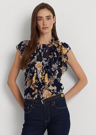 Çok Renkli Kadın Ralph Lauren Çiçekli Georgette Kolsuz Gömlekler