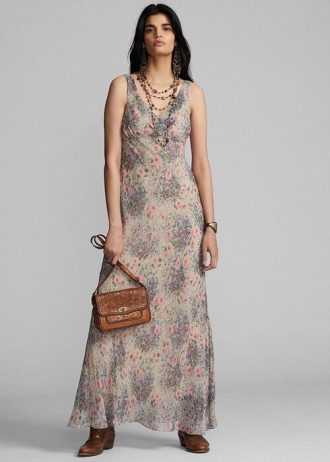 Çok Renkli / Kahverengi Kadın Ralph Lauren Çiçekli Buruşuk İpek Şifon Elbise