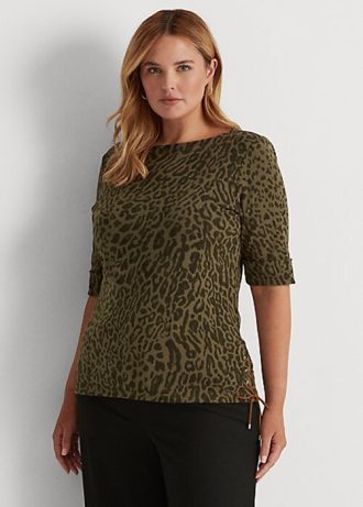 Olive Kadın Ralph Lauren Ocelot Baskılı Pamuklu Tekne Yaka Üstler