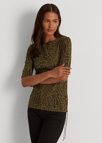 Olive Kadın Ralph Lauren Ocelot Baskılı Pamuklu Tekne Yaka Üstler