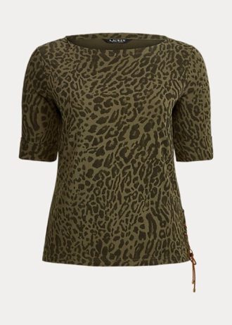 Olive Kadın Ralph Lauren Ocelot Baskılı Pamuklu Tekne Yaka Üstler