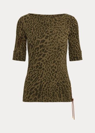 Olive Kadın Ralph Lauren Ocelot Baskılı Pamuklu Tekne Yaka Üstler