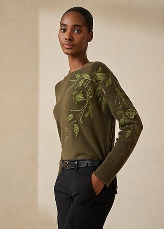 Olive Kadın Ralph Lauren Süslemeli Kaşmir Yuvarlak Yaka Kazaklar