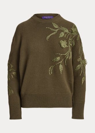 Olive Kadın Ralph Lauren Süslemeli Kaşmir Yuvarlak Yaka Kazaklar