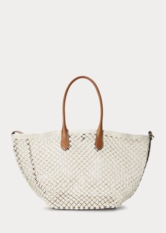 Parchment Krem Kadın Ralph Lauren Deri Kenarlı Tığ İşi Büyük Bellport Tote Çantalar