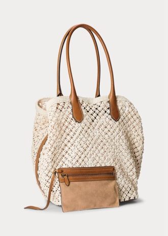 Parchment Krem Kadın Ralph Lauren Deri Kenarlı Tığ İşi Büyük Bellport Tote Çantalar