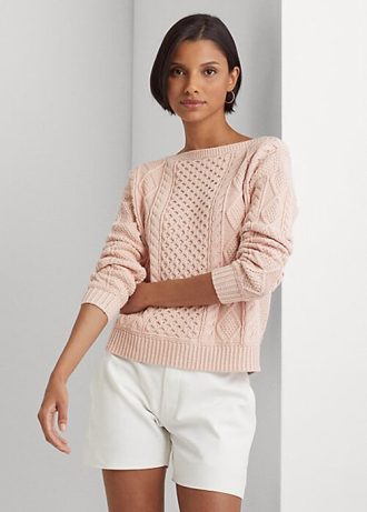 Pembe Kadın Ralph Lauren Aran Örgü Pamuklu Tekne Yaka Kazaklar