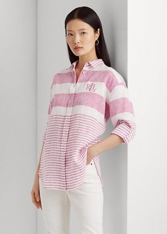 Pembe Kadın Ralph Lauren Çizgili Büyük Boy Keten Gömlekler