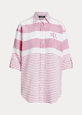 Pembe Kadın Ralph Lauren Çizgili Büyük Boy Keten Gömlekler