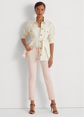 Pembe Kadın Ralph Lauren Kaplamalı Orta Bel Düz Bilek Pantolonu