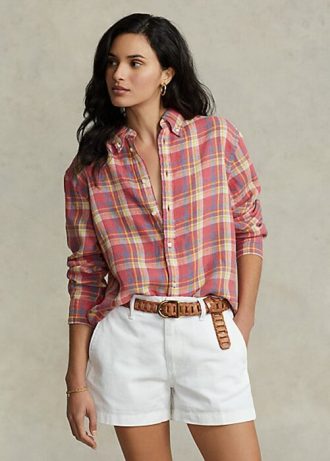 Pembe Kadın Ralph Lauren Rahat Kesim Ekose Keten Gömlekler