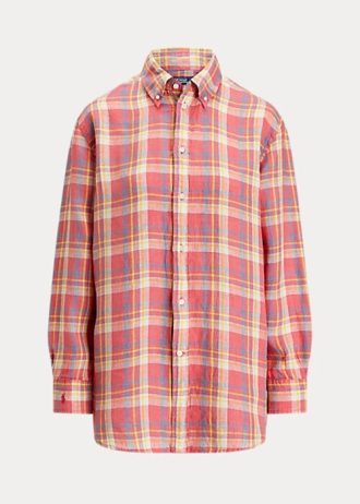 Pembe Kadın Ralph Lauren Rahat Kesim Ekose Keten Gömlekler