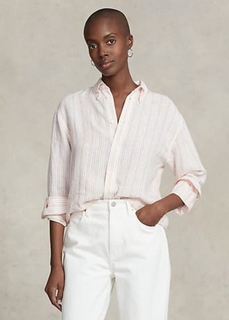 Pembe Kadın Ralph Lauren Rahat Kesim Çizgili Keten Gömlekler