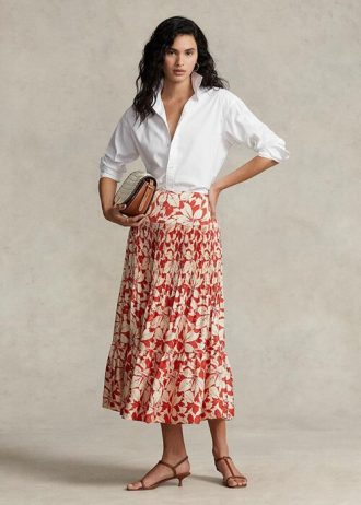 Rose Kadın Ralph Lauren Baskılı Saten Pileli A Kesim Midi Etekler