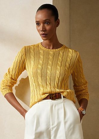 Sarı Kadın Ralph Lauren Kablo Örgü İpek Yuvarlak Yaka Kazaklar