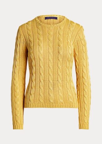 Sarı Kadın Ralph Lauren Kablo Örgü İpek Yuvarlak Yaka Kazaklar