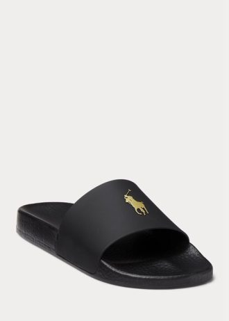 Siyah / Altın Erkek Ralph Lauren İmzalı Pony Terlikler