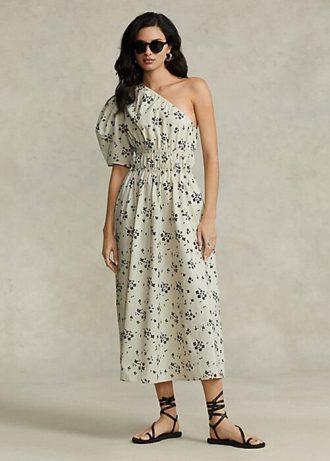 Siyah / Bej Kadın Ralph Lauren Çiçekli Asimetrik Büzgülü Poplin Elbise