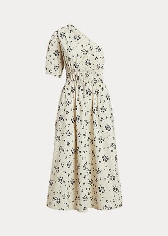 Siyah / Bej Kadın Ralph Lauren Çiçekli Asimetrik Büzgülü Poplin Elbise