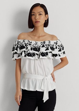 Siyah / Beyaz Kadın Ralph Lauren İşlemeli Jersey Omuz Açık Üstler