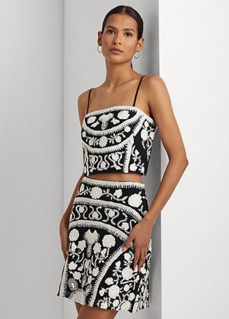 Siyah / Beyaz Kadın Ralph Lauren İşlemeli Kısa Kolsuz Bluz Üstleri