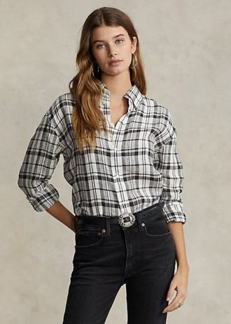 Siyah / Beyaz Kadın Ralph Lauren Rahat Kesim Ekose Keten Gömlekler