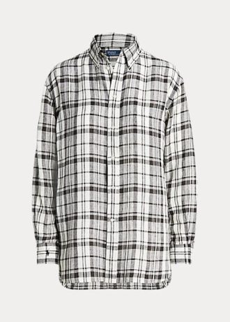 Siyah / Beyaz Kadın Ralph Lauren Rahat Kesim Ekose Keten Gömlekler