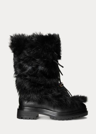 Siyah Kadın Ralph Lauren Celia Koyun Derisi ve Cilalı Deri Botlar