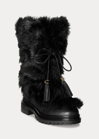 Siyah Kadın Ralph Lauren Celia Koyun Derisi ve Cilalı Deri Botlar