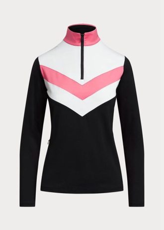 Siyah Kadın Ralph Lauren Chevron Çizgili Çeyrek Fermuarlı Kazak Sweatshirt