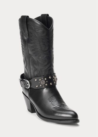Siyah Kadın Ralph Lauren Çivili Dana Derisi Western Botları