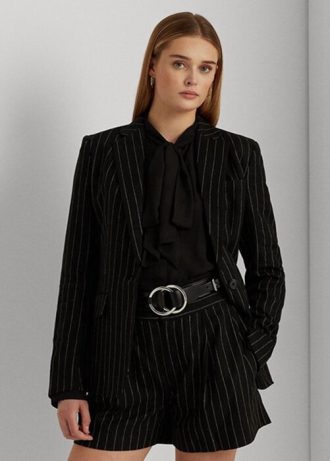 Siyah Kadın Ralph Lauren Çizgili Keten Karışımlı Twill Blazer Ceketler