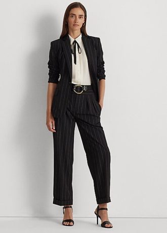 Siyah Kadın Ralph Lauren Çizgili Yün Krep Geniş Paça Pantolon