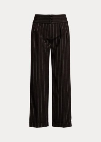 Siyah Kadın Ralph Lauren Çizgili Yün Krep Geniş Paça Pantolon