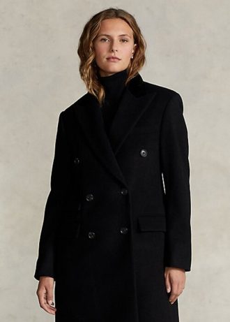 Siyah Kadın Ralph Lauren Kadife-Üst Yaka Yün Karışımlı Melton Montlar