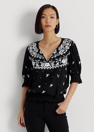 Siyah Kadın Ralph Lauren İşlemeli Jarse Yaka Üstler
