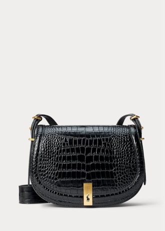 Siyah Kadın Ralph Lauren Polo ID Timsah Desenli Eyer Çantaları