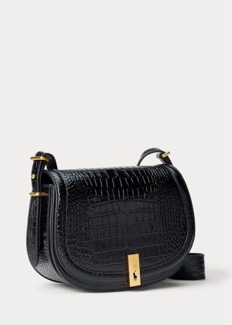 Siyah Kadın Ralph Lauren Polo ID Timsah Desenli Eyer Çantaları